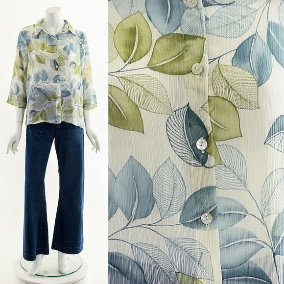 Leaf Print Shirt,Ombre Green Leaf Blouse,Semi Sheer Blouse,Gauzy White Blouse,Sh - Picture 1 of 10
